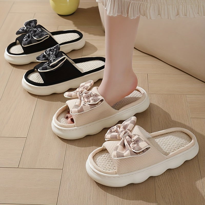 Women’s Slip-On Slippers with Bow, Cushioned EVA Sole, Indoor Outdoor, Black White