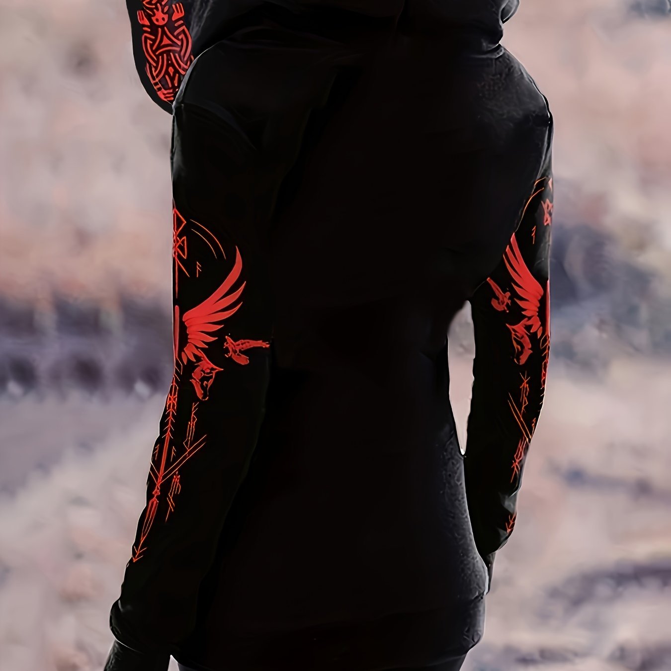 Women's Black Gothic Print Zip-Up Hoodie Long Sleeve All-Season Sweater