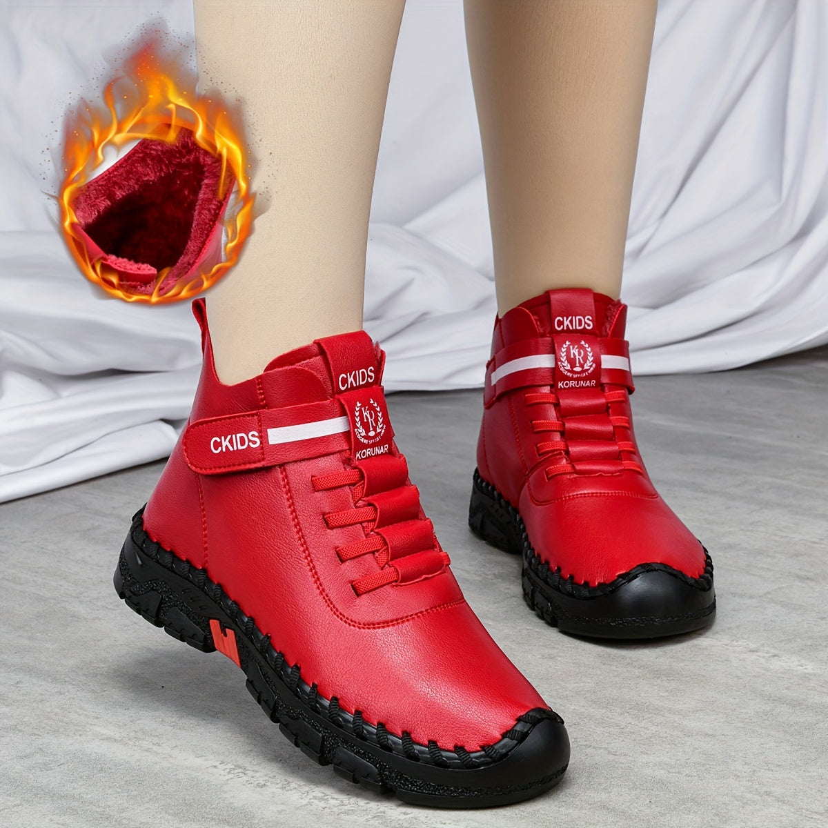 Women's Winter Ankle Boots Fleece-Lined Mid-Heel Casual Shoes Black White Plus Size