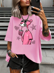 Plus Size Womens Pink Cartoon Graphic T-Shirt Short Sleeve Casual Summer