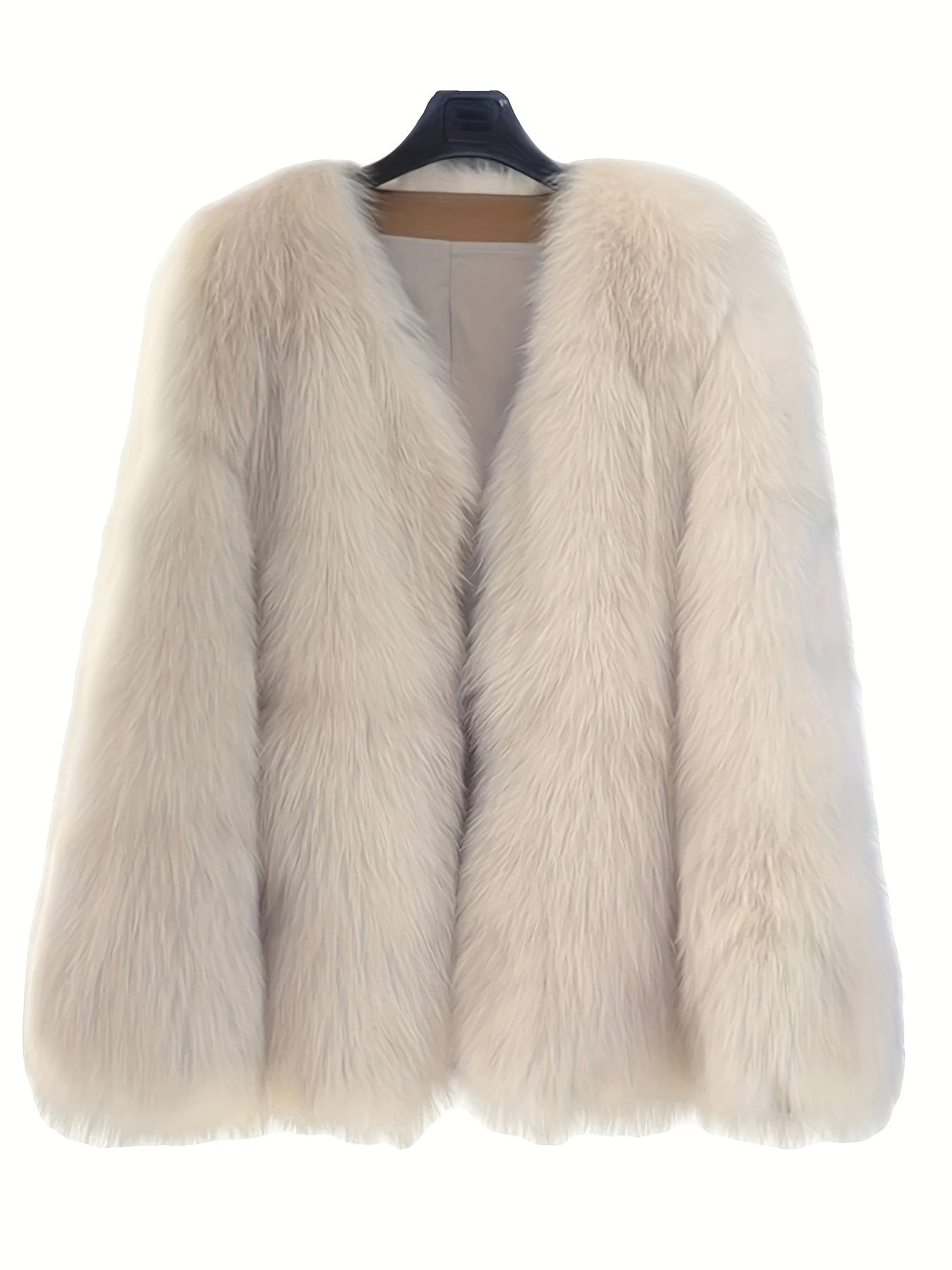 Ayollar uchun zamonaviy sun'iy mo'yna palto, 100% polyester to'qima matodan tayyorlangan, bir rangda, oddiy yenglar bilan, qisqa uzunlikda va kamar yo'q. Kuz/qish modasi uchun kattalar uchun ideal yuqori palto.