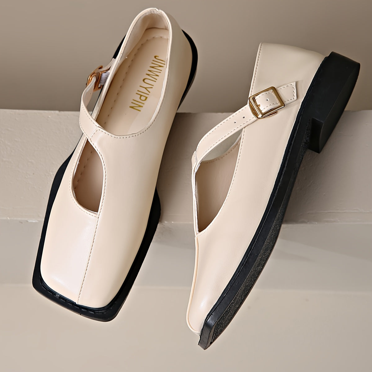 Women’s Synthetic Mary Jane Flats with Adjustable Ankle Strap and Geometric Buckle White