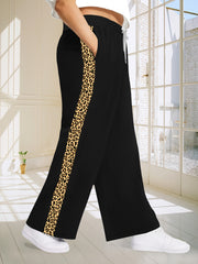Plus Size Leopard Print Wide Leg Pants with Drawstring and Pockets
