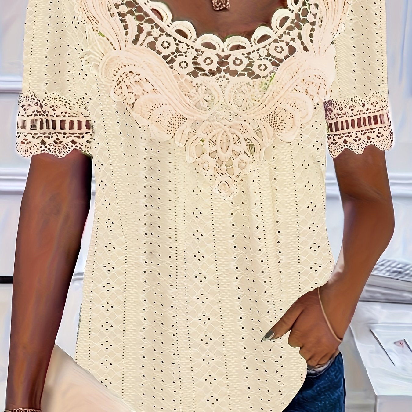 Women's Plus Size Lace Trim Short Sleeve Blouse Stretchy Semi-Sheer Fabric