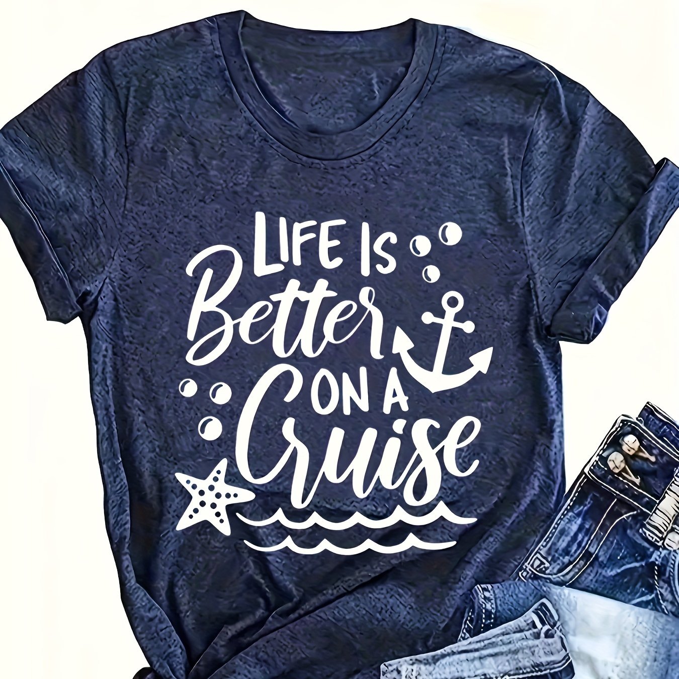 Plus Size Women's Cruise & Anchor Print T-Shirt Short Sleeve Crew Neck