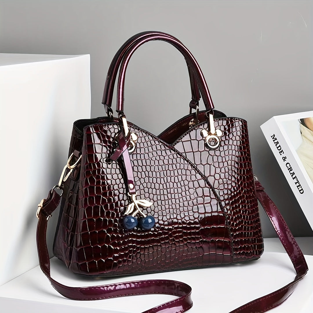 Crocodile Embossed Tote Bag with Cherry Pendant PU Checkered Zipper Closure
