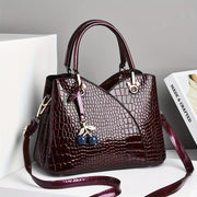 Crocodile Embossed Tote Bag with Cherry Pendant PU Checkered Zipper Closure
