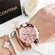 Reloj de mujer en oro rosa con cuarzo, fases lunares y calendario, pulsera de acero inoxidable