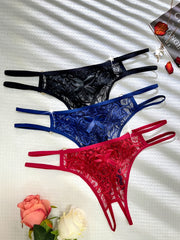 Multi-Color Lace Lingerie Set with Open Crotch and Bow Detail 3 Pieces