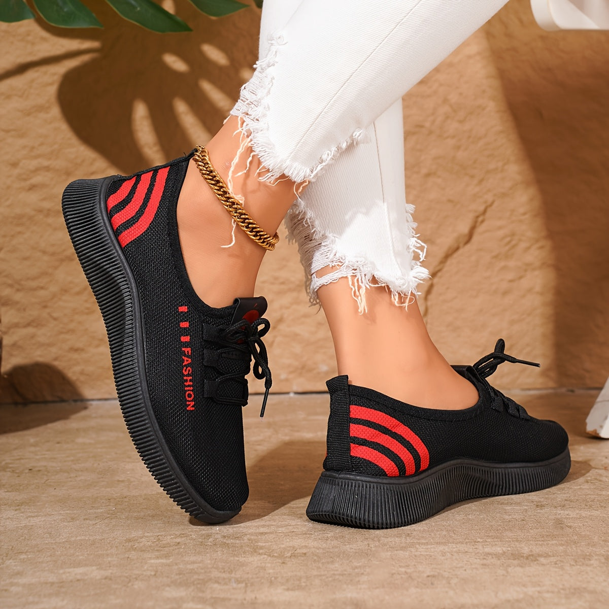 Women’s Casual Slip-On Sneakers Breathable Fabric Red Stripes Cushioned Sole