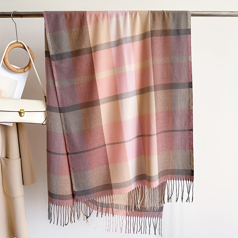 Women's Faux Cashmere Plaid Tassel Scarf Winter Warm Cozy Gift