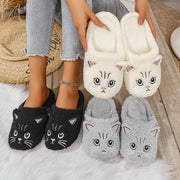 Women's Cartoon Cat Slippers Soft Plush Non-Slip Indoor House Shoes Grey Black