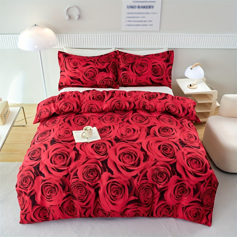 Set of 3 Red Rose Print Duvet Covers Bedding Set with Pillowcases for All Seasons