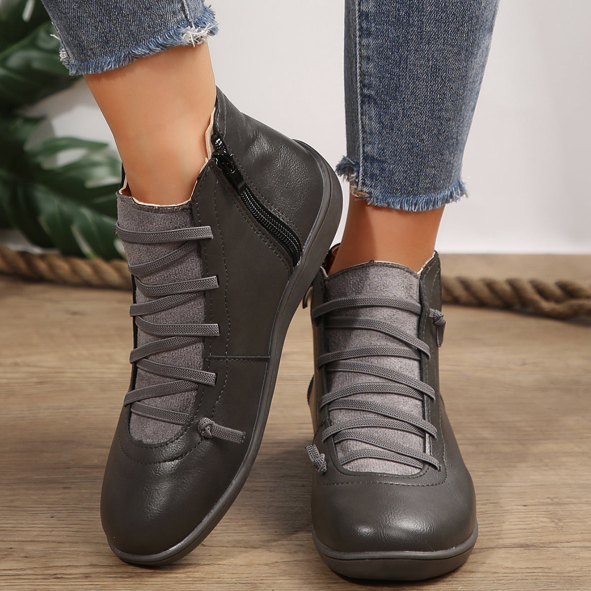 Women Ankle Boots Synthetic Leather Non-Slip Flat Heel Casual Autumn
