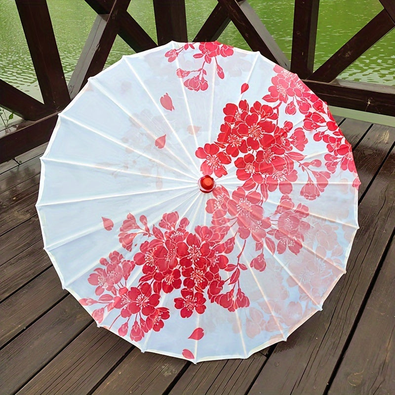 Chinese Cherry Blossom Parasol Umbrella with Bamboo Handle for Sun Rain Protection Weddings Parties