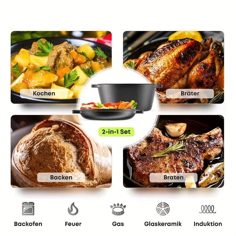 Cast Iron Skillet and Dutch Oven Set 25.98cm Pre-Seasoned for Frying Baking Camping