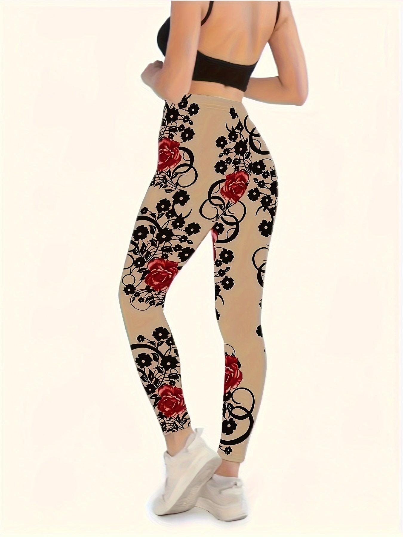 Leggings ajustados de talla grande para mujer con estampado floral negro y rojo para todas las estaciones, elásticos