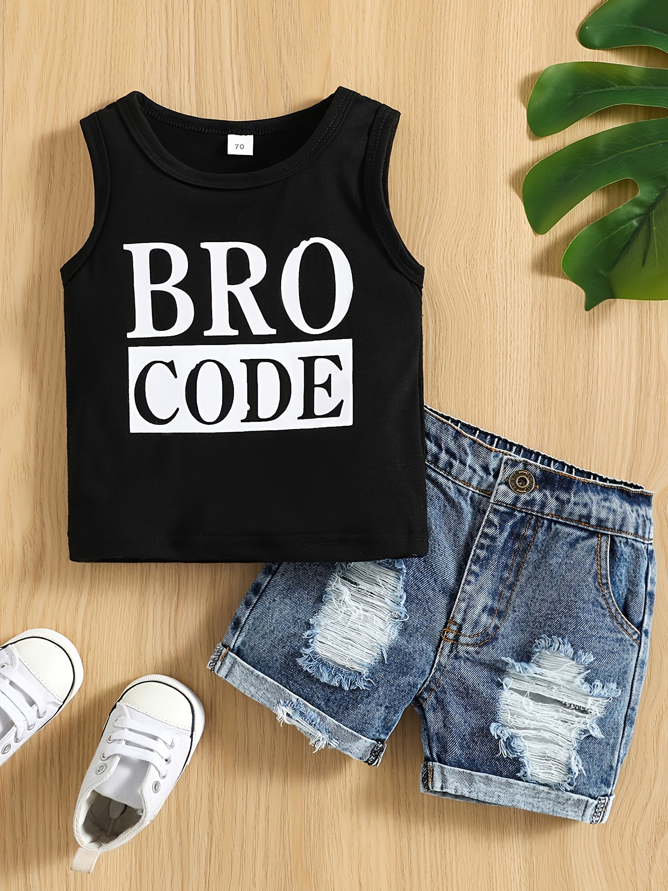 Kids Summer Outfit for Boys 2-Piece Casual Set with Black Letter Print Tank Top and Ripped Shorts