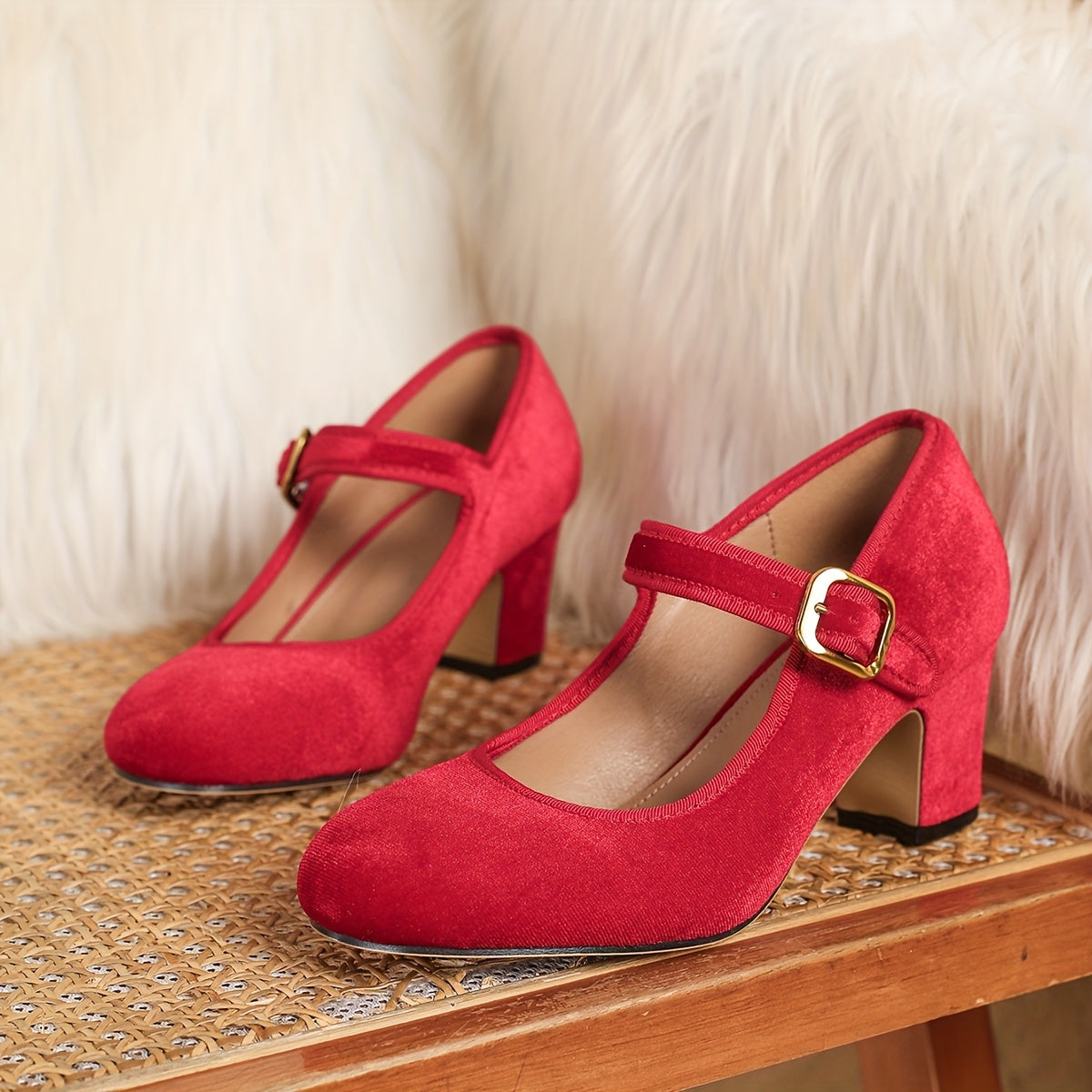 Women Velvet Mary Jane Pumps Adjustable Strap Chunky Heel Brown