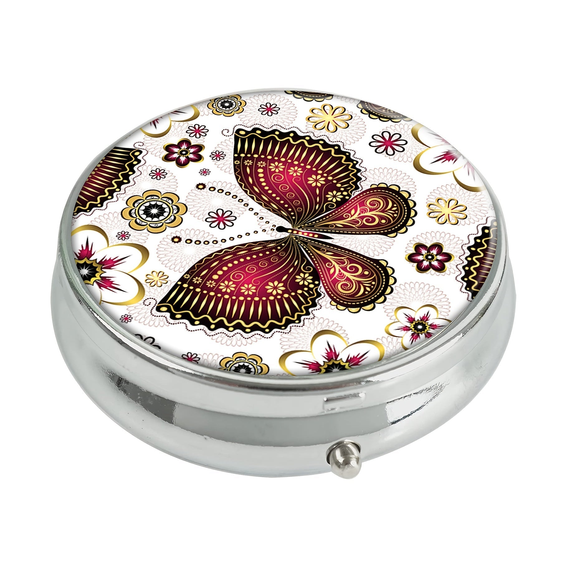 Uyda foydalanish uchun portativ dori saqlash qutisi - 3 bo'limli oltin-purpur rangli dumaloq dori qutisi, ochiq havoda sayohat va ofisni tartibga solish uchun ideal