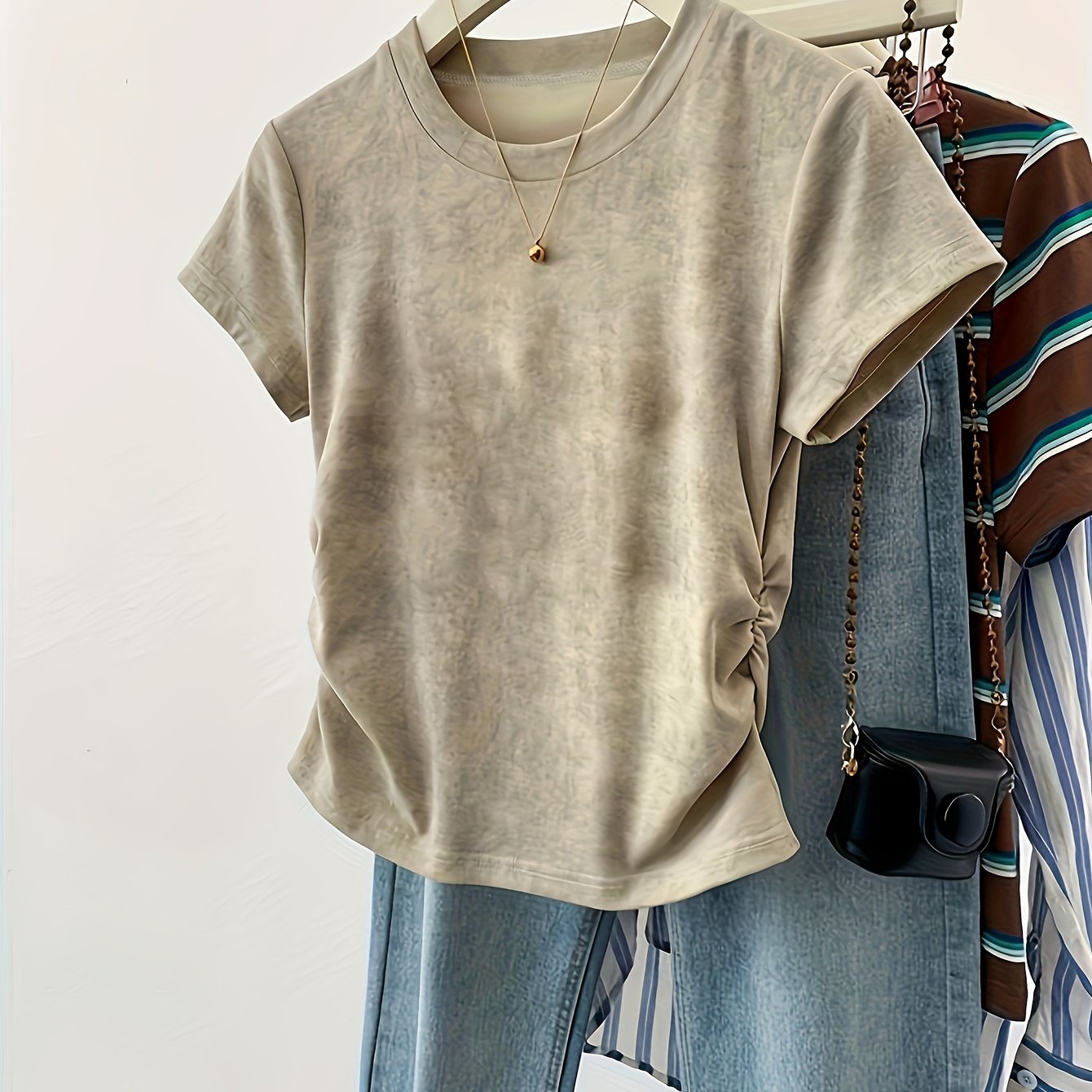 Women's Short Sleeve T-Shirt Crew Neck Frill Animal Pattern Knit Fabric Spring Summer Fall