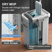 "Tekis mopu va chelak tizimi, squeegee va qo'l bilan ishlatishdan ozod dizayn bilan, oson uy tozalash uchun - Pol va devor tozalash uchun 2 ta qayta ishlatiladigan mikrofiber pad bilan birga."