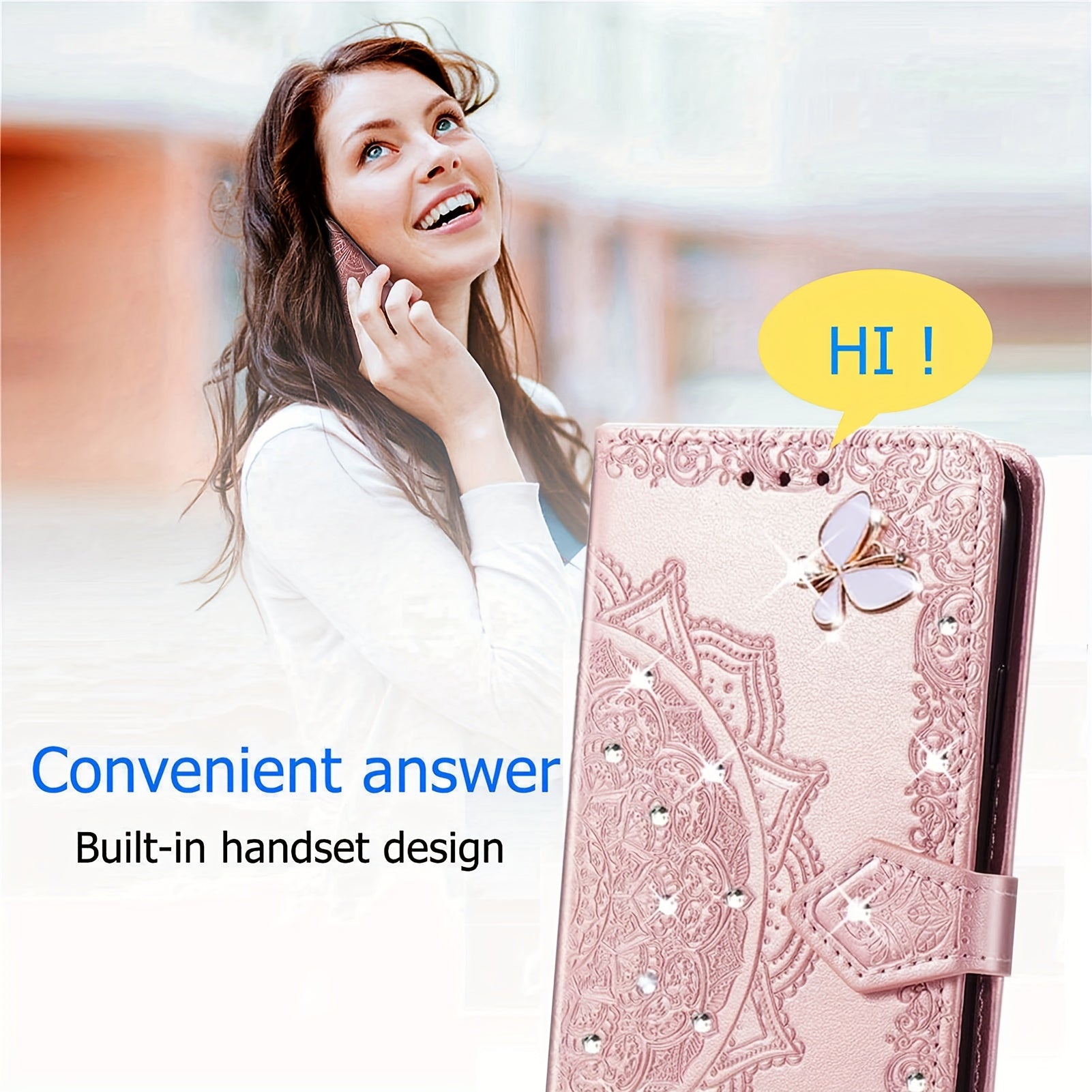 Embossed Mandala Faux Leather Phone Case with Crystals and Butterflies for Redmi