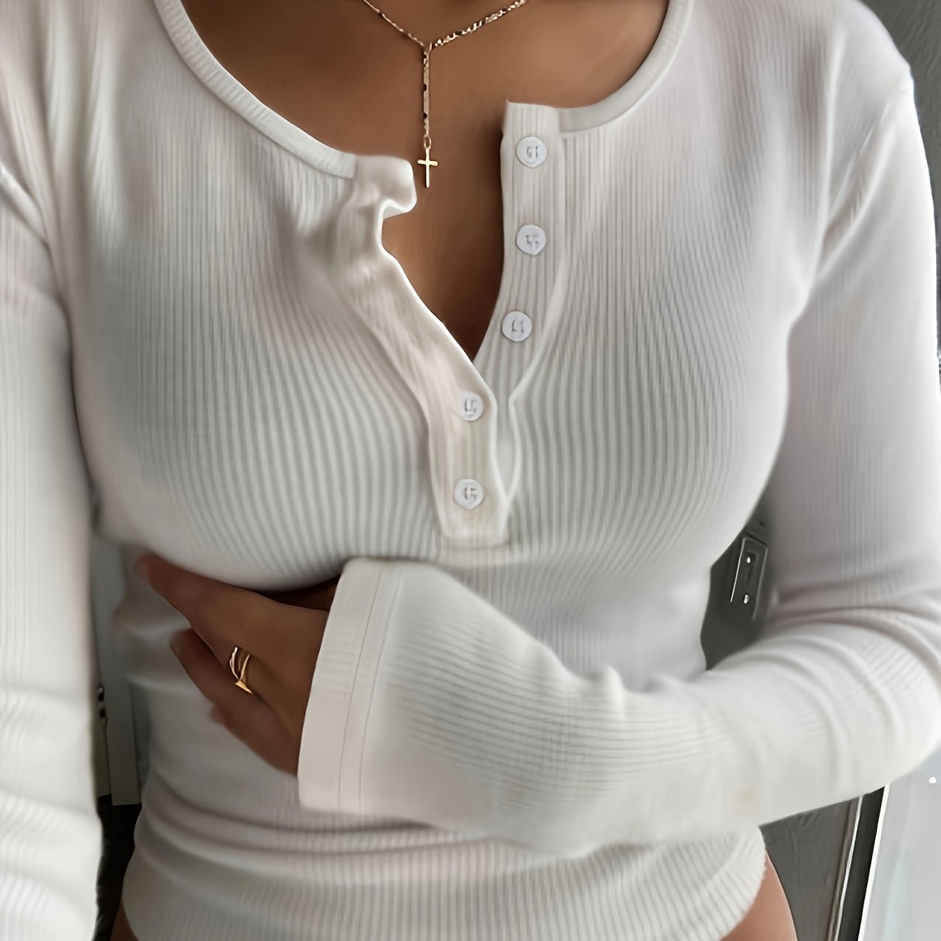 Women's Y2K Style High Stretch Long Sleeve T-Shirt with Button Collar Casual Top