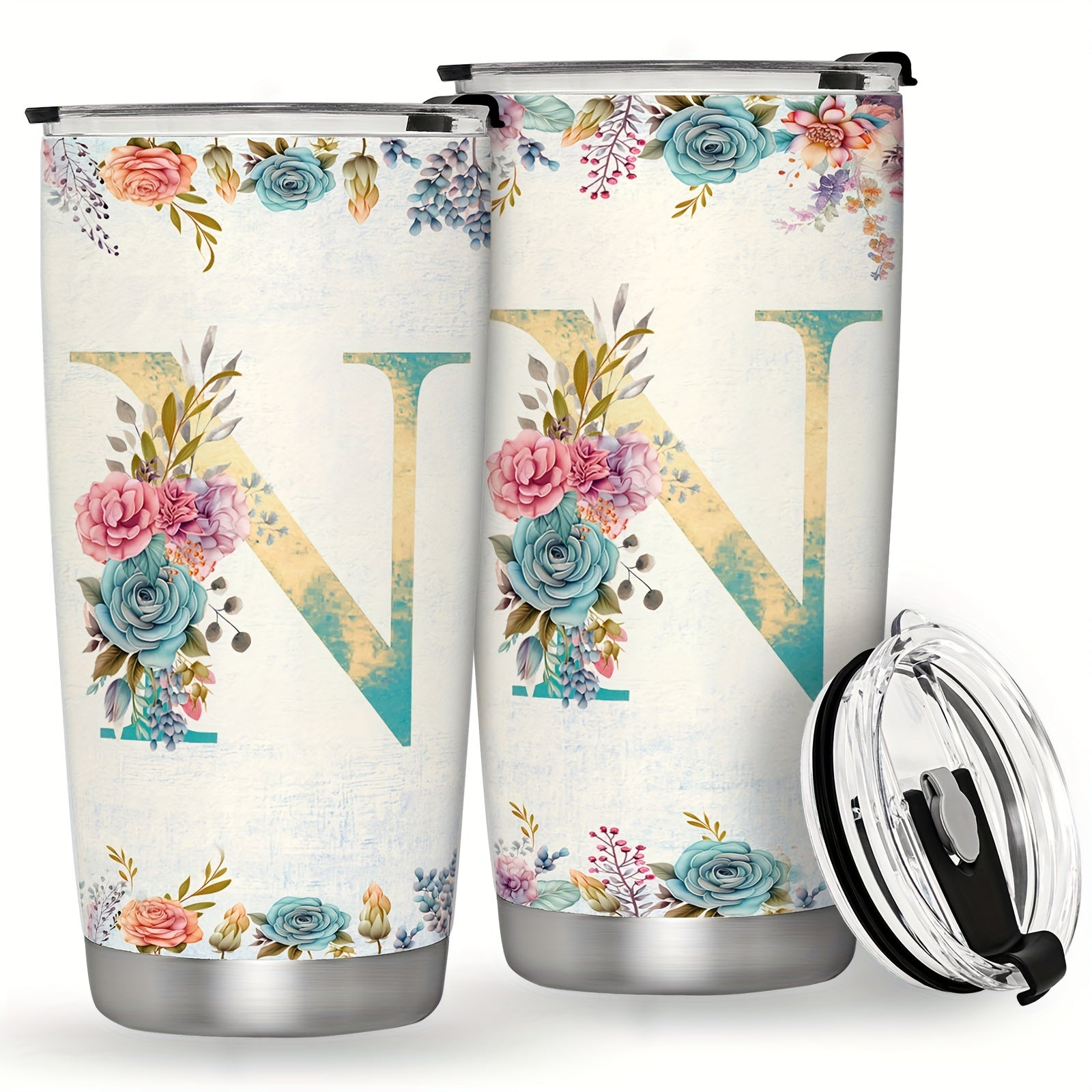 20oz Stainless Steel Tumbler with Monogram Floral Design Leak Proof Lid for Outdoor Use
