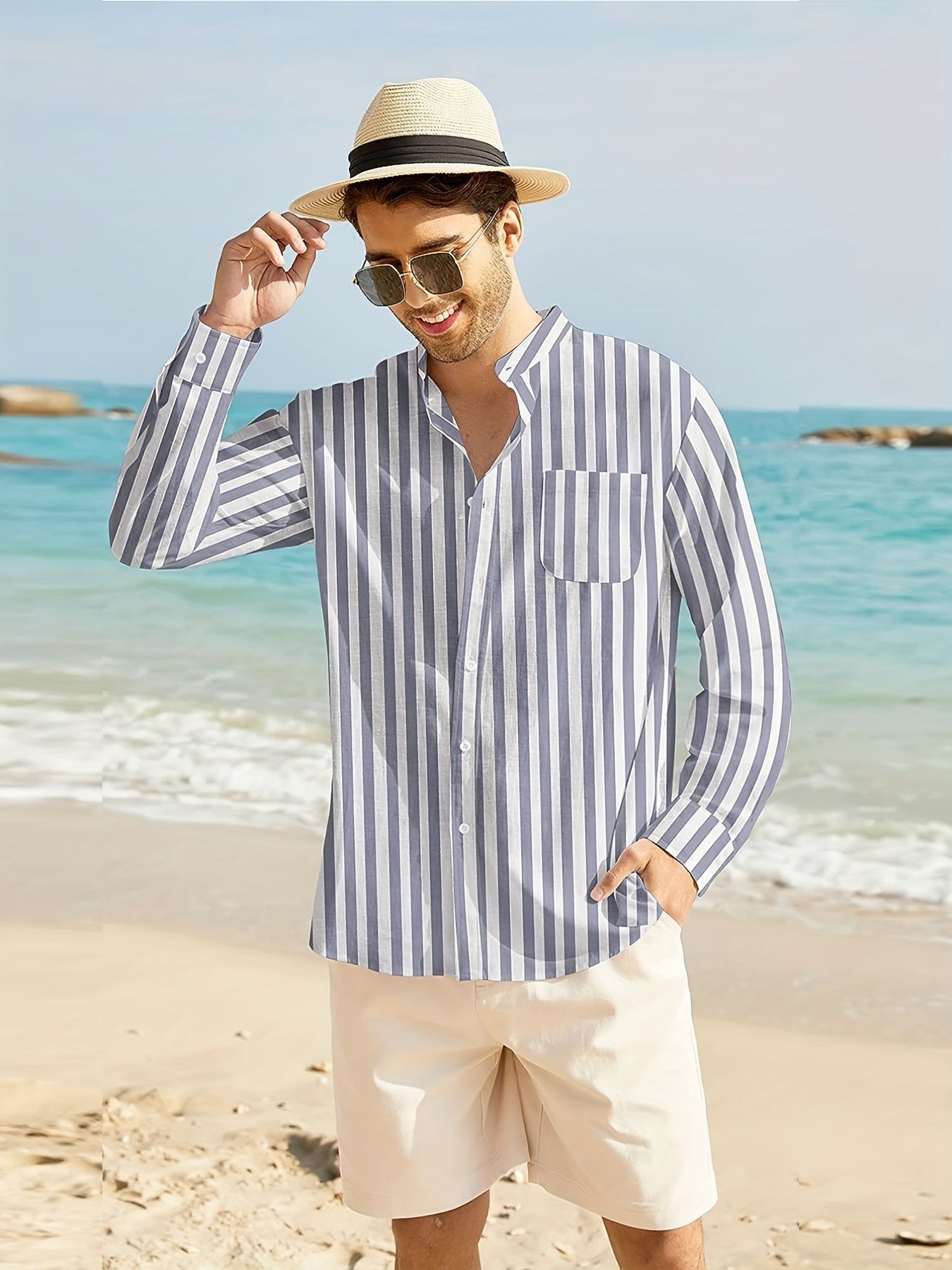 Men's Cotton Vertical Striped Band Collar Shirt Long Sleeve Casual Wear