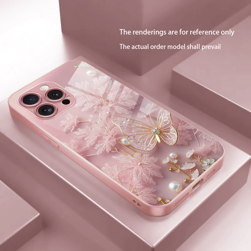 Pink Butterfly Pattern Tempered Glass Phone Case for iPhone 11 12 13 14 15 16 Series XR XS X 7 8 Plus