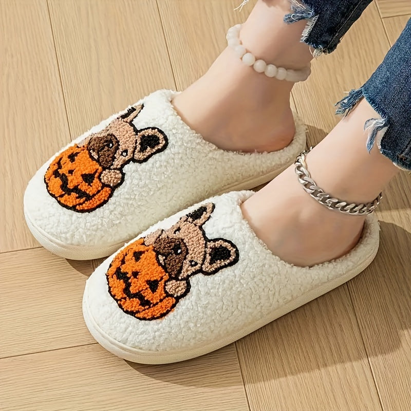 Pantuflas de interior para parejas, patrón de perro de calabaza, tela acogedora, suela antideslizante de TPR