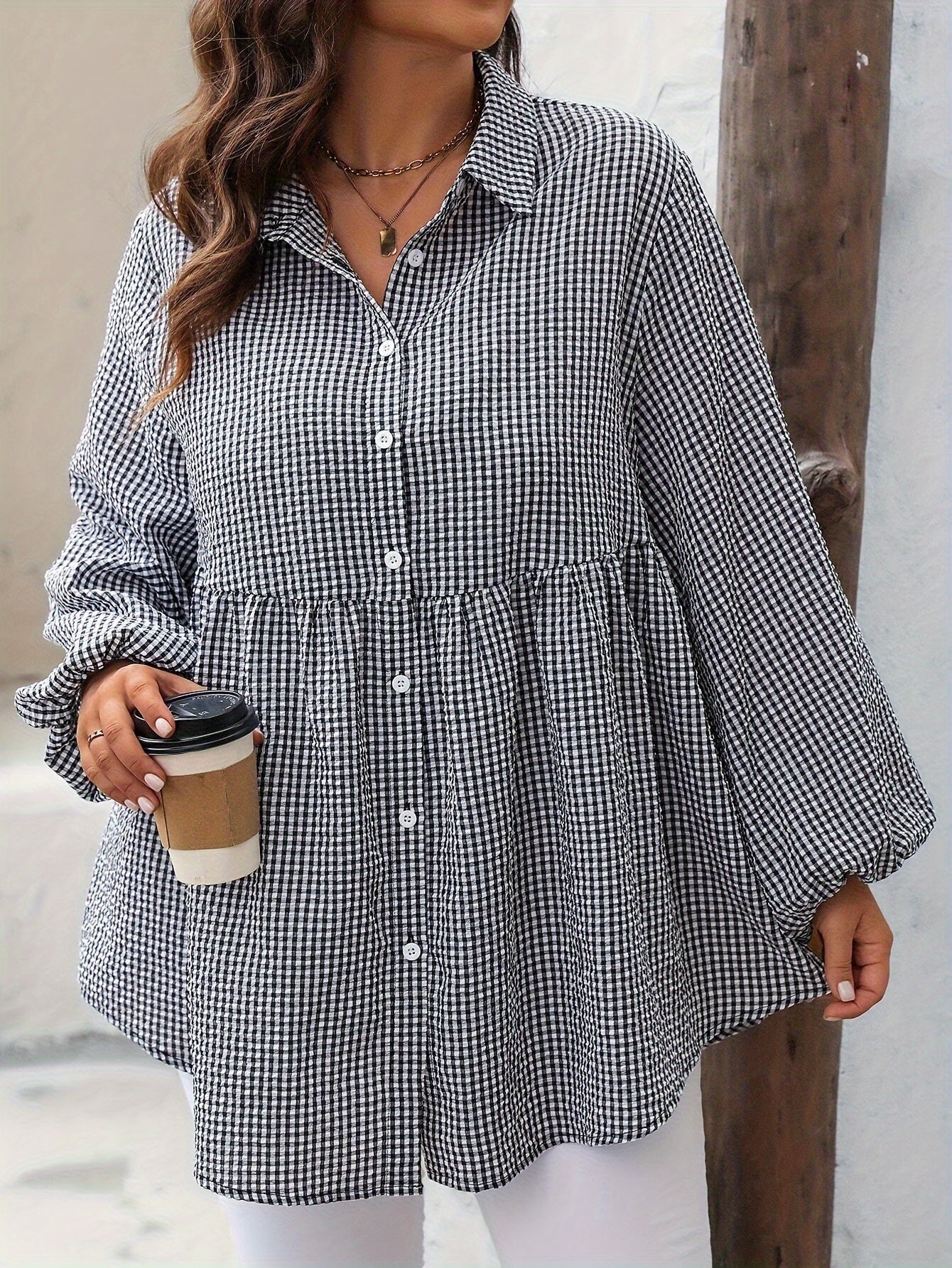 Plus Size Gingham Check Blouse For Women Linen Lantern Sleeve Loose Fit