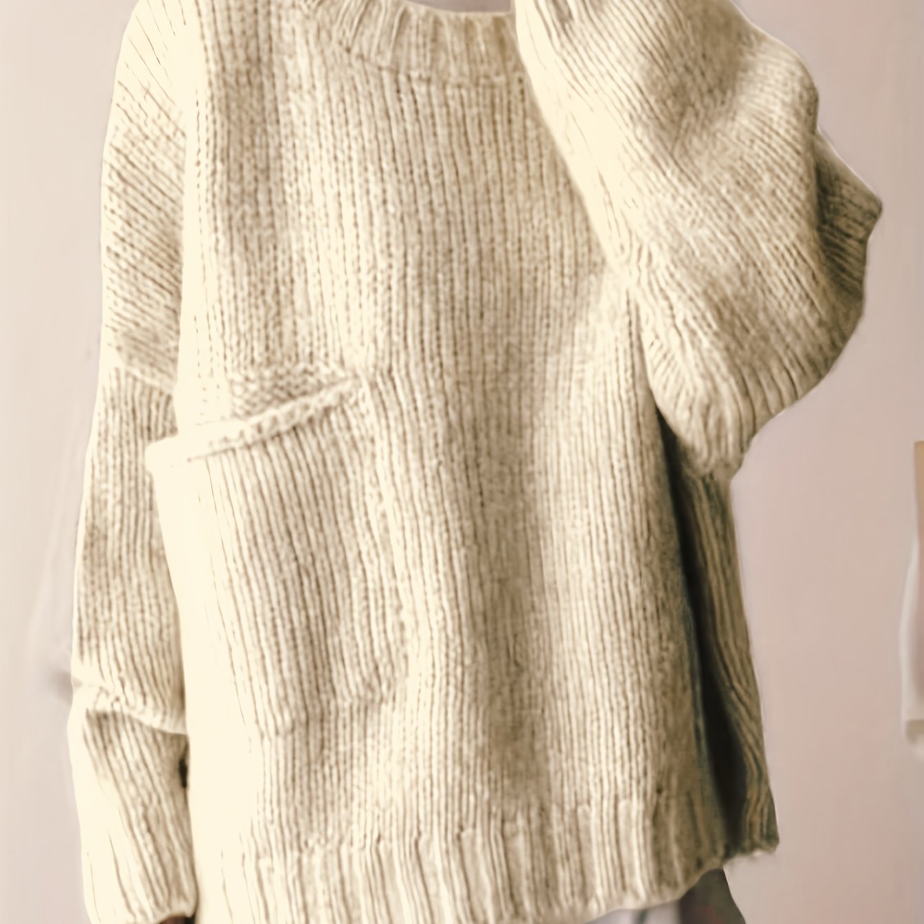 Suéter de punto verde de talla grande para mujer con bolsillos, cuello redondo, manga larga y cómodo