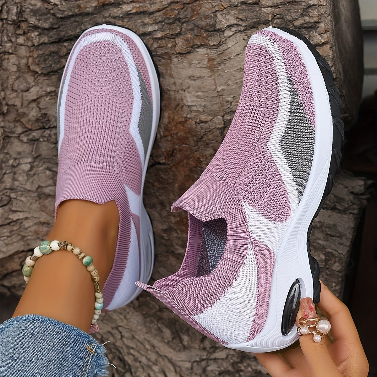 Ayollar uchun nafas oladigan to'qilgan chunky sneakers, kundalik slip-on sport poyafzallari