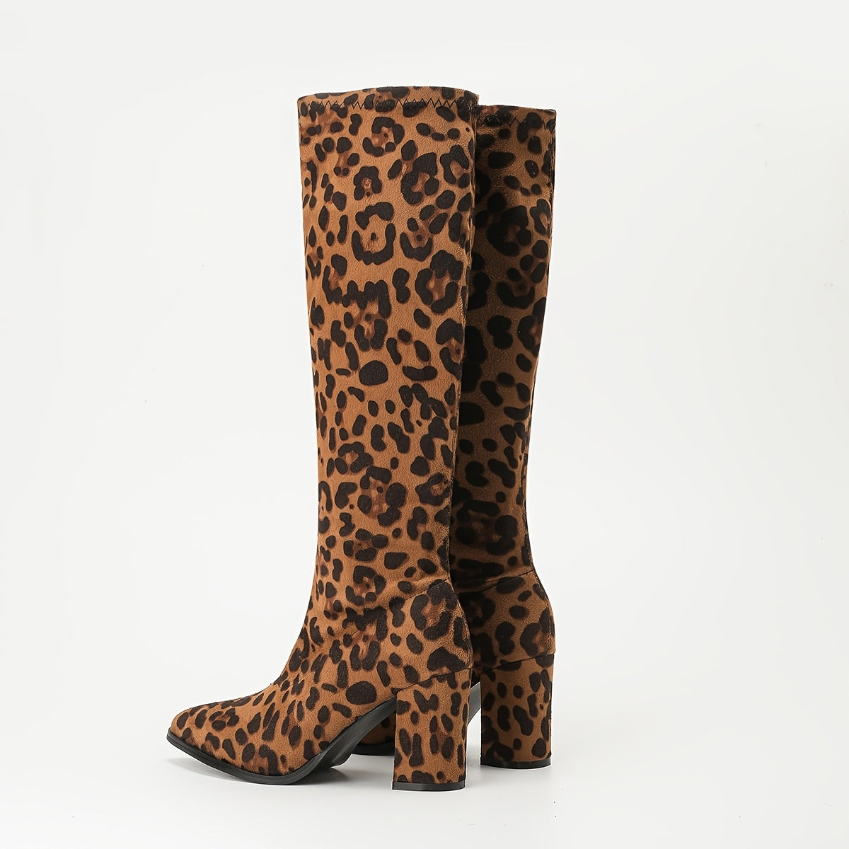 Plus-Size Leopard Print Knee-High Boots Women Faux Leather Block Heel Slip-On