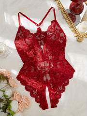 Bakli Elegant Qizil Dantelli Bodysuit: Vintage uslubida, gullar naqshlari va qirrali trim bilan cho'ziluvchan teddy, qo'l bilan yuvish mumkin.