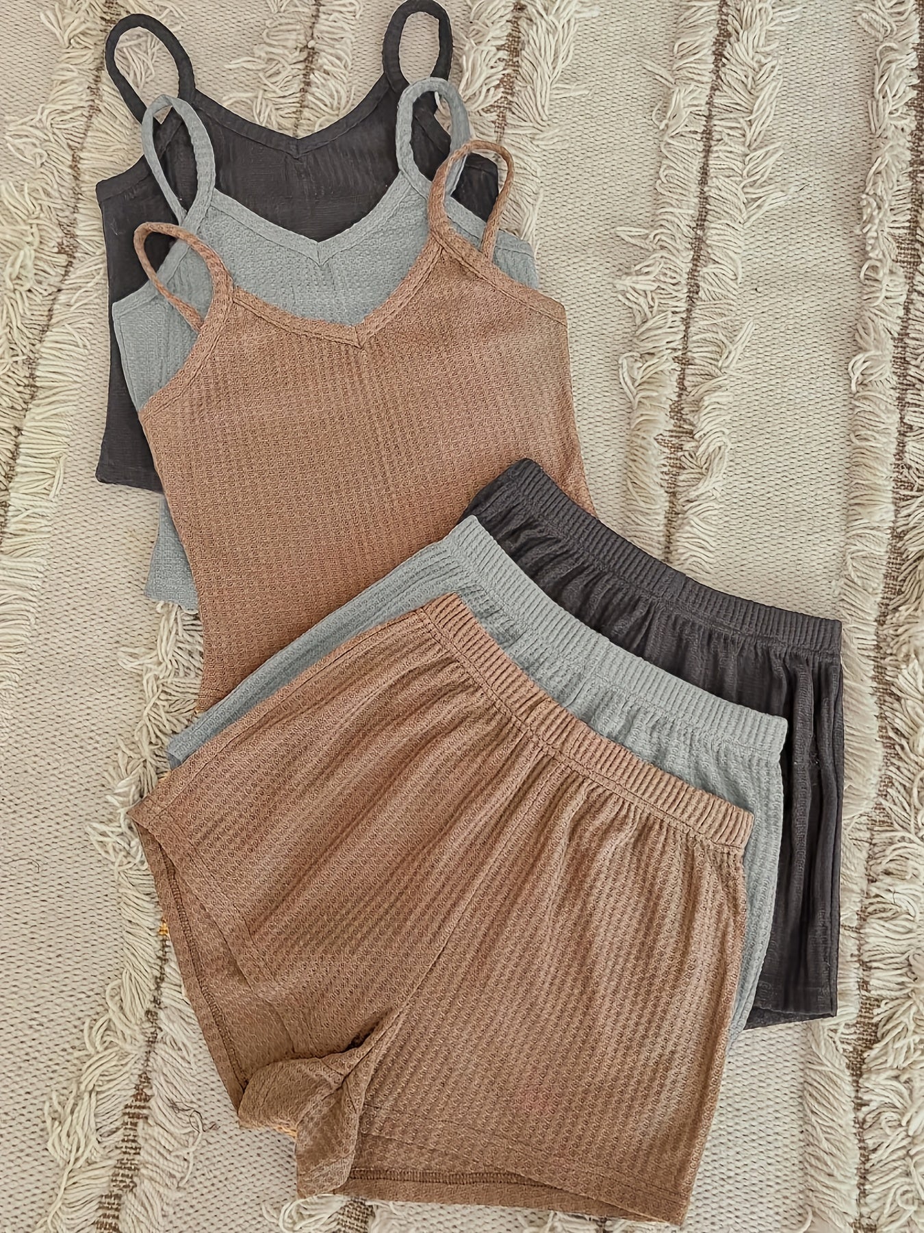 Women's Waffle Knit Pajama Set with V-Neck Top and Shorts Plus Size Lounge 6 Piece