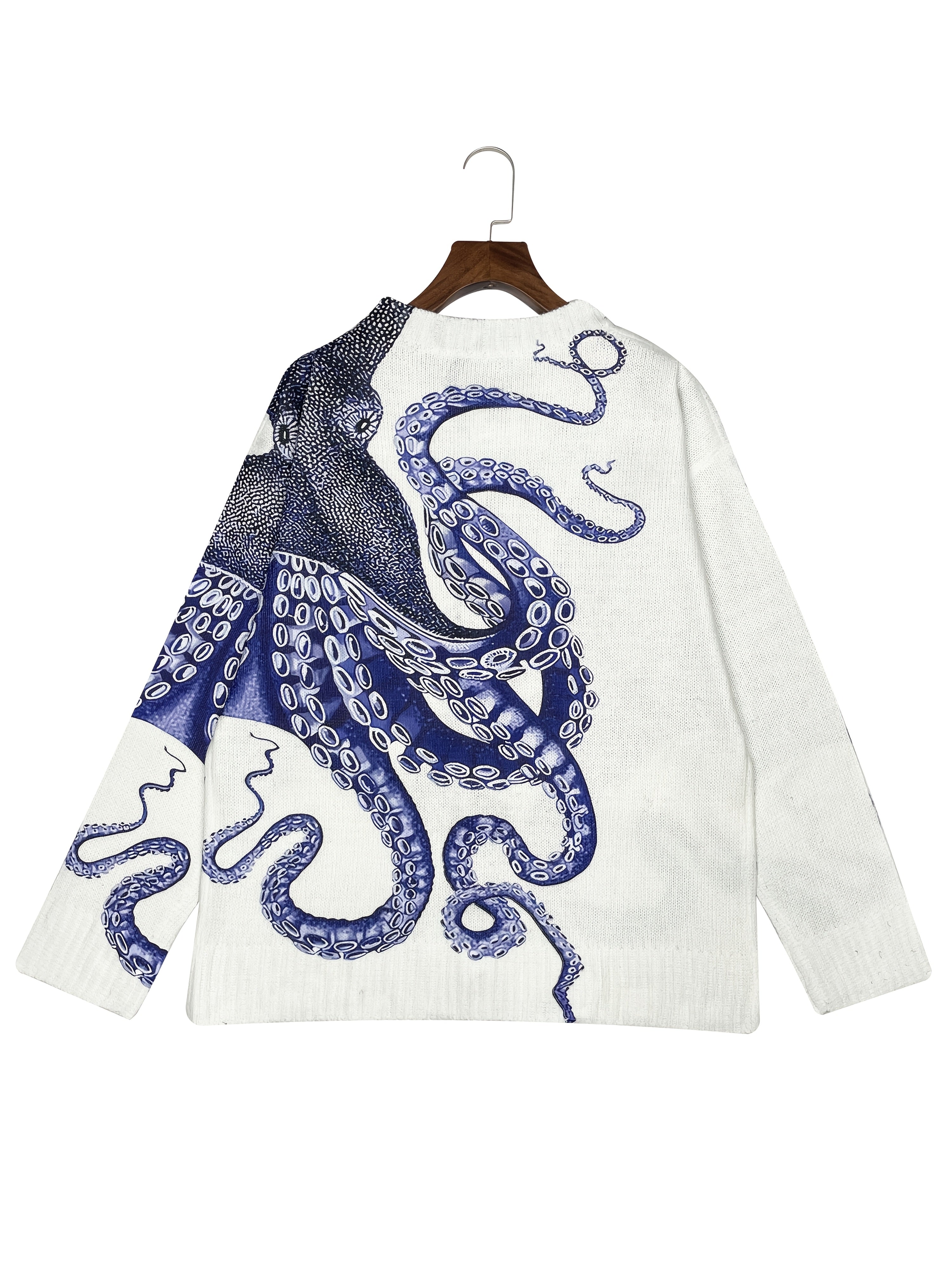 Women's 3D Printed Octopus Cardigan Blue Color Block Casual Sweater