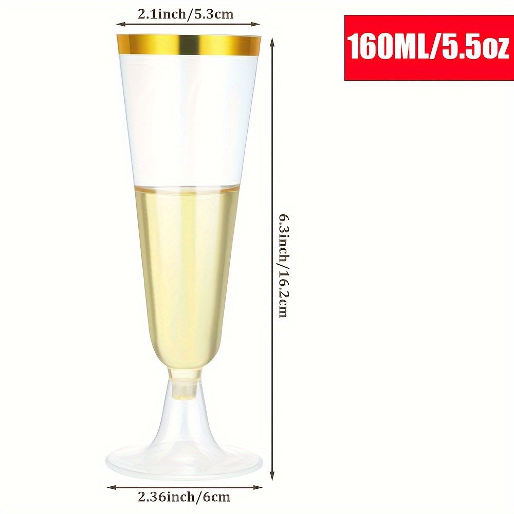25 Pack Plastic Champagne Flutes 5.5 Oz Gold Rim Recyclable Party Glasses