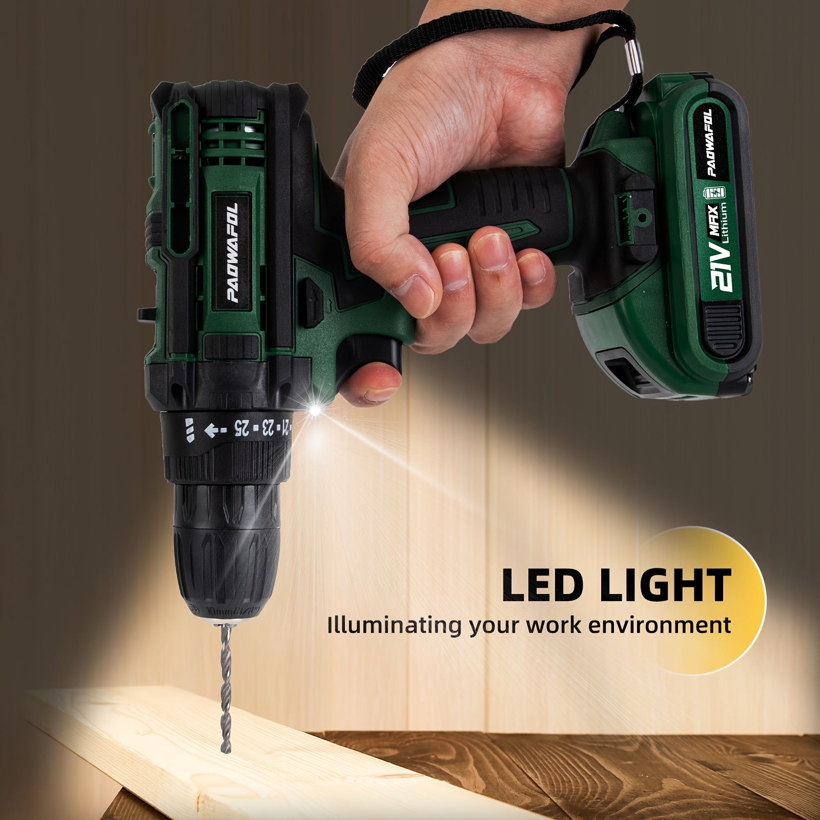 21V Cordless Drill with Rechargeable Lithium-Ion Battery 2-Speed 25+1 Torque LED Light for DIY Home Garden