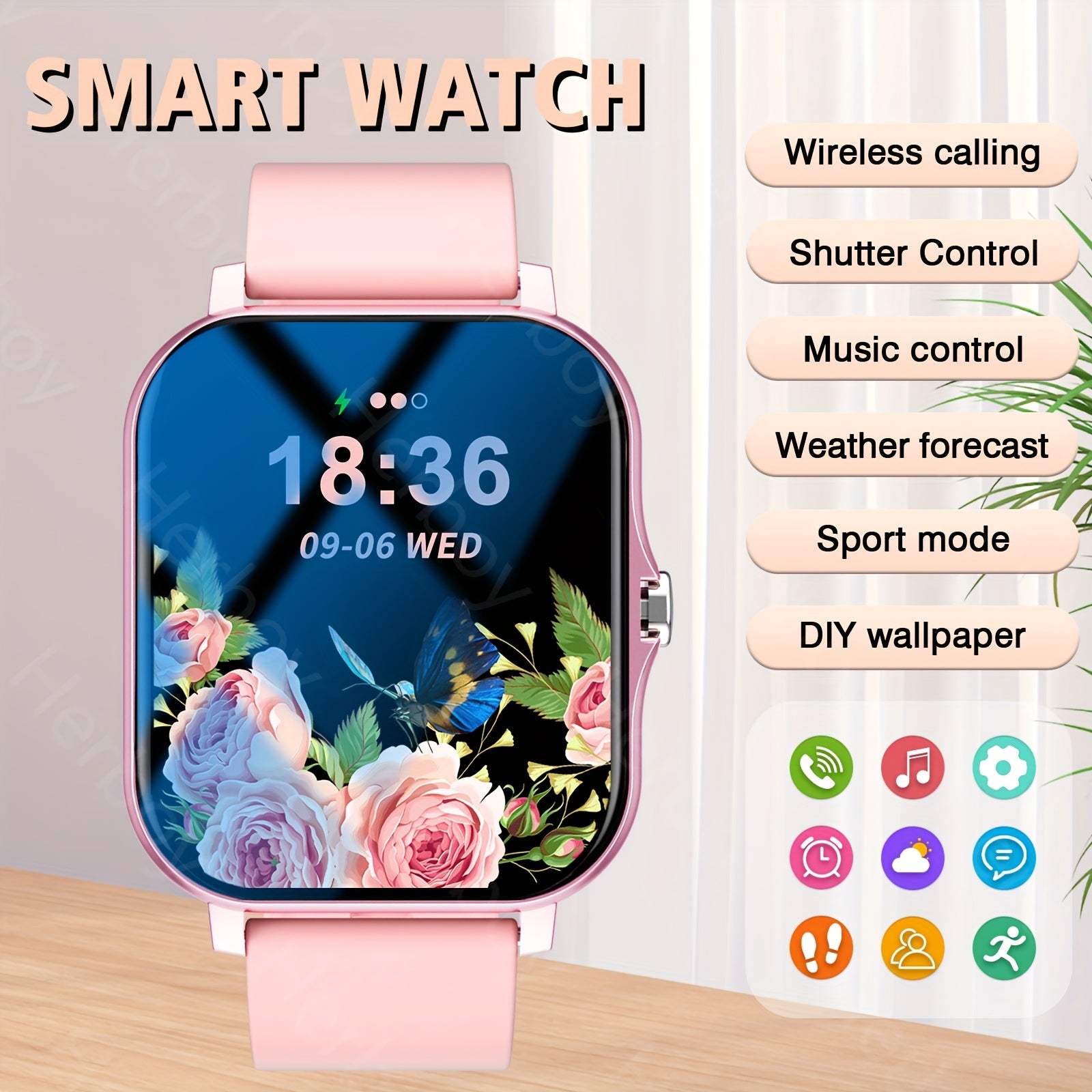 2025 Smart Watch with Wireless Calls SMS Notifications Fitness Tracker Pink Silicone Band Compatible with iPhone Android