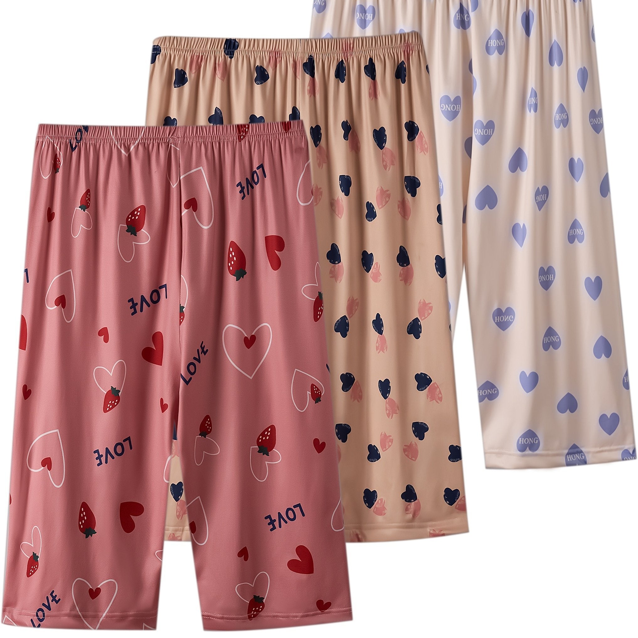 3 ta ayollar uchun plussiz o'lchamdagi gullar naqshidagi uyqu shortiklari, elastik bel va keng kesim bilan.