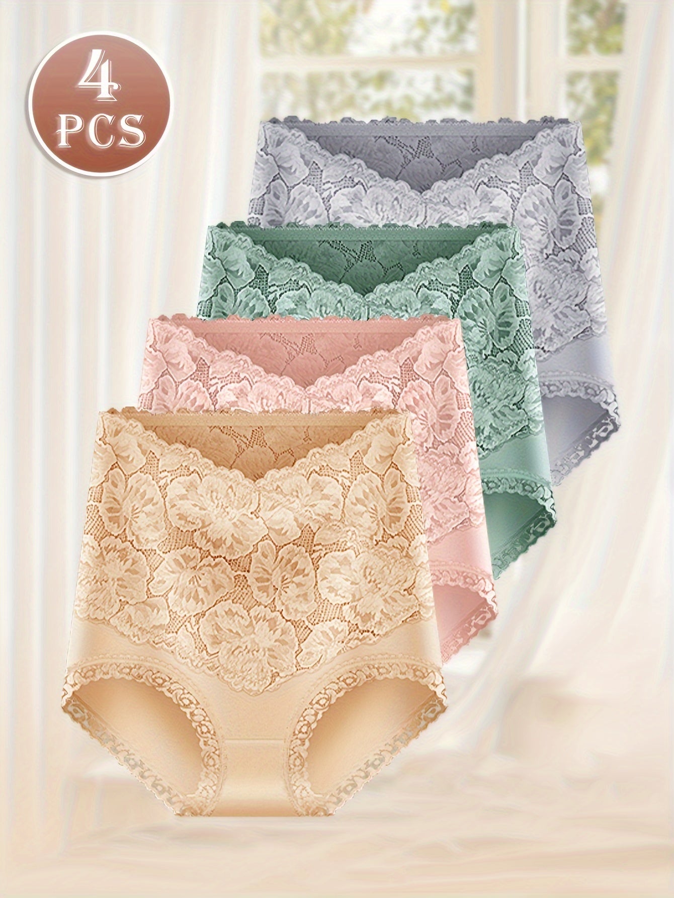 Plus Size High-Waist Tummy Control Women's Panties 4 Pack Cotton Lace Solid