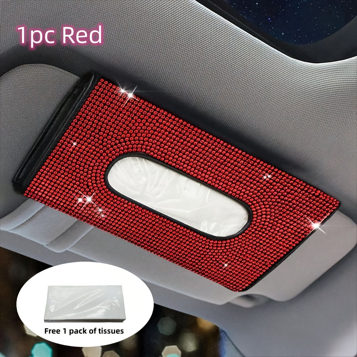 Car Tissue Box with Glitter Rhinestones and PU Leather for Car Sun Visor Storage