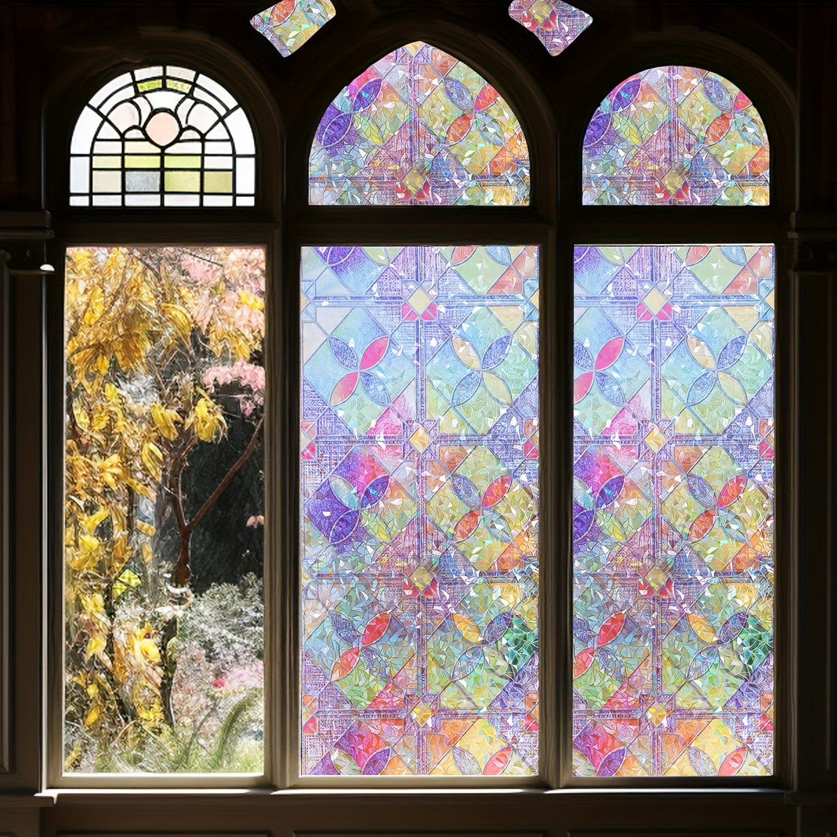 Frosted Privacy Window Film with Crescent & Diamond Pattern, Heat Control, No-Glue, Semi-Transparent, 9mil PVC