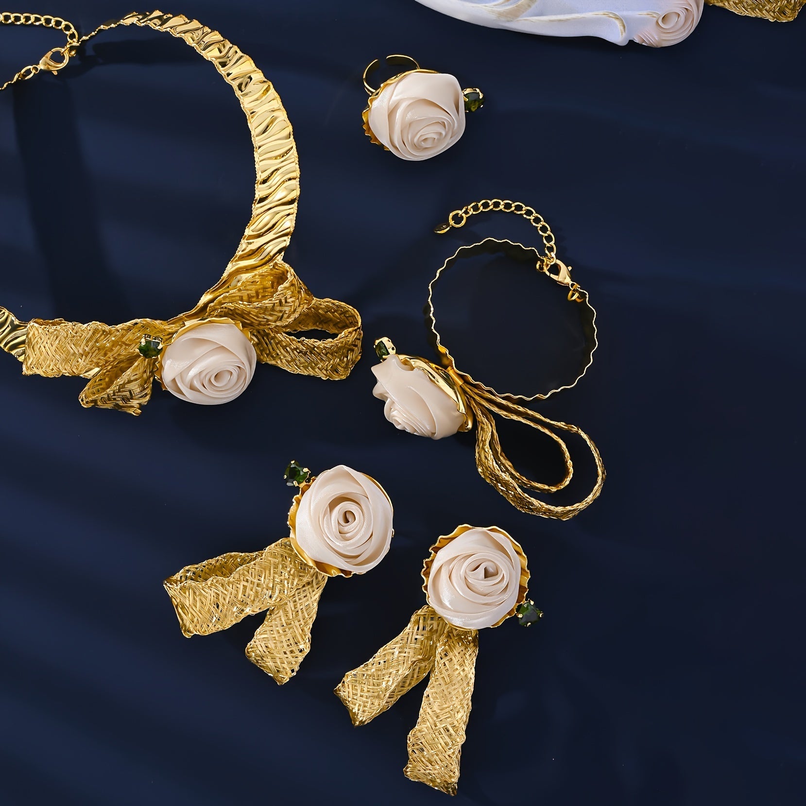 Women's Middle Eastern Gold Tone Jewelry Set with Rose Necklace Earrings and Ring