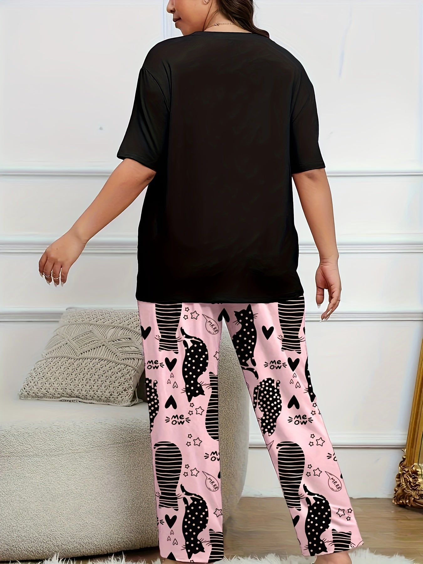 Women's Plus Size Cartoon Cat Print Pajama Set Short Sleeve Lounge