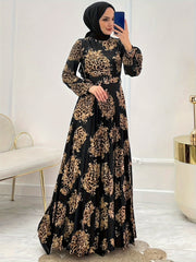 Leopard Print Abaya Dress for Women Long Sleeve Maxi Length Middle Eastern Style
