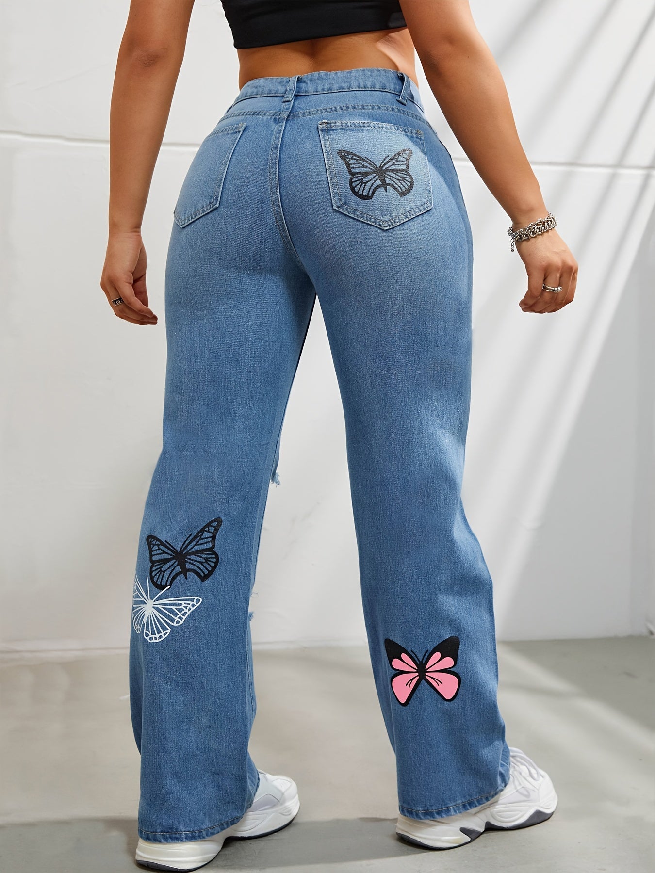 Plus Size Women's Y2K Butterfly Print Ripped High Rise Straight Leg Jeans